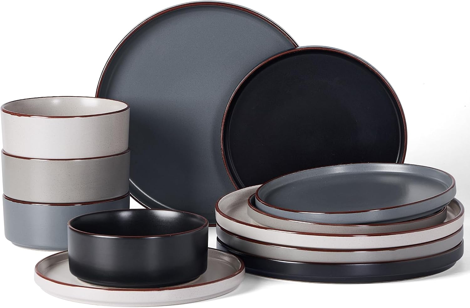 Full 12-piece Famiware Nebula Ridge stoneware dinnerware set featuring dinner plates, salad plates, and bowls.