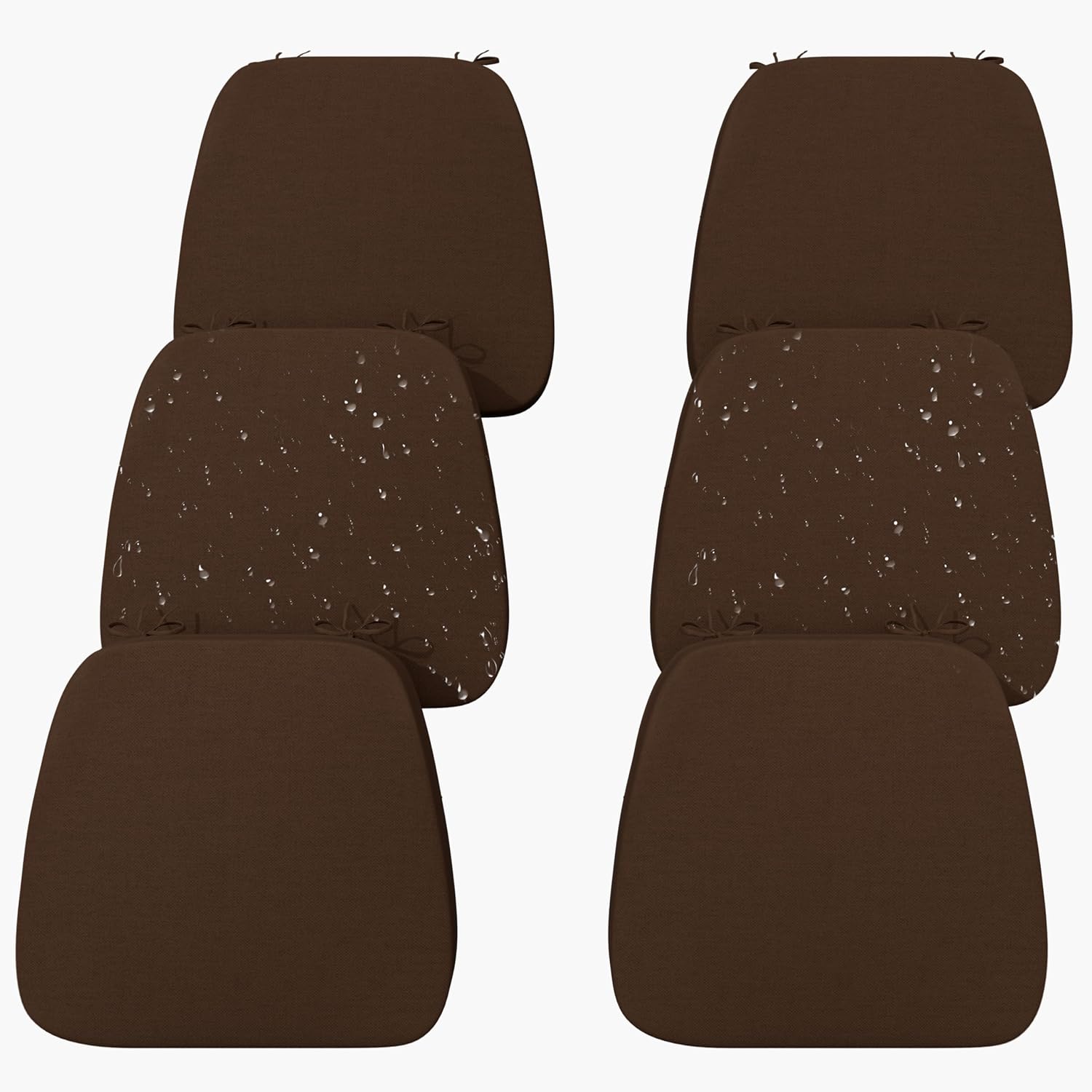 A set of 6 Iristykilin waterproof dining chair cushions measuring 17x16x2.5 inches.