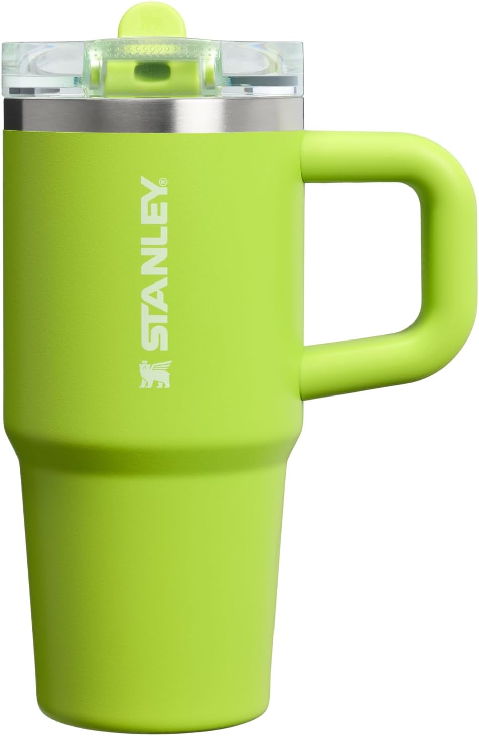 Stanley Quencher ProTour flip straw tumbler in vibrant chartreuse standing on a clean white surface