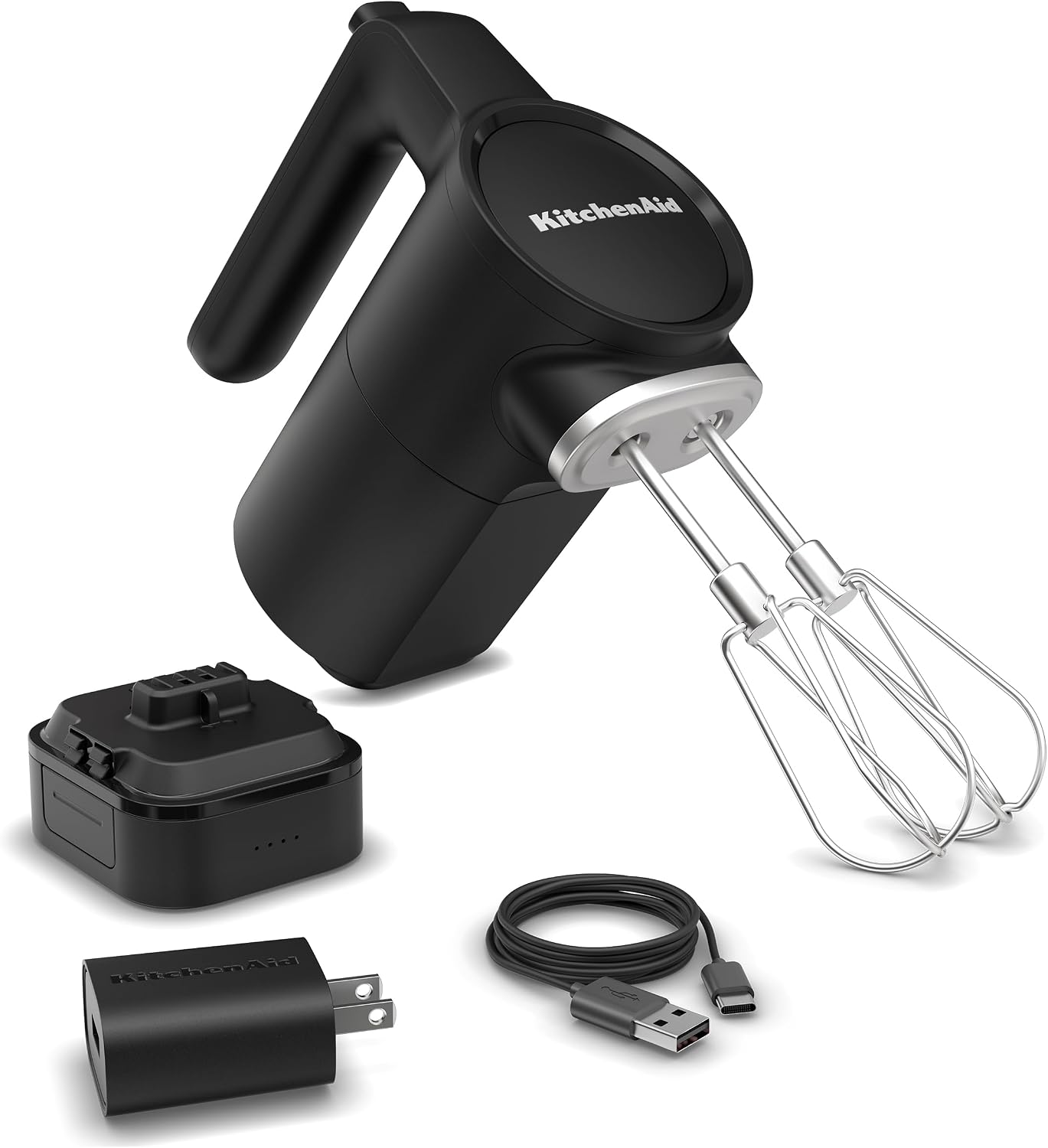 KitchenAid Go cordless hand mixer in a modern kitchen showing its 7-speed control dial