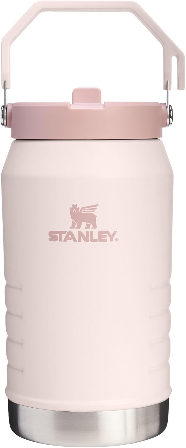 Front view of the 64 oz insulated water jug by Stanley in a soft Rose Quartz finish.