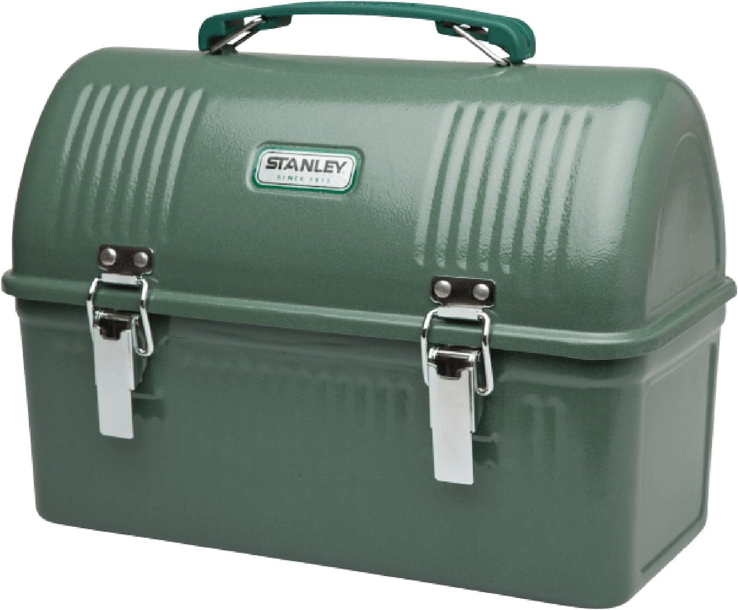 Front view of the Stanley 10qt Classic metal lunch box in iconic Hammertone Green finish.