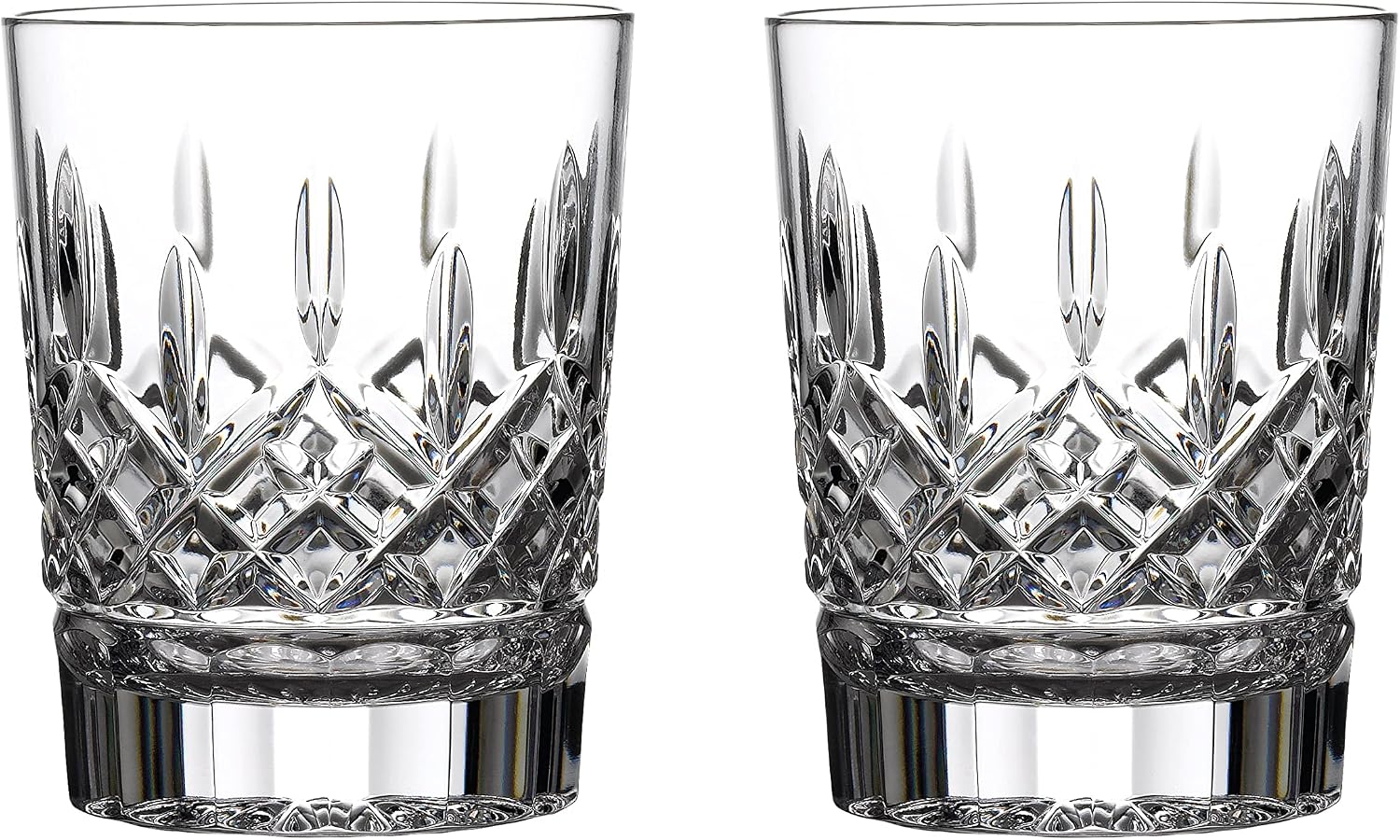 Two Waterford Lismore crystal glasses featuring signature diamond and wedge cuts for a sophisticated bar display.