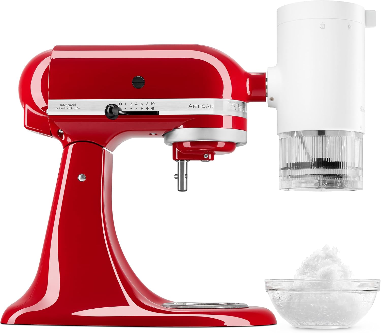 KitchenAid shave ice attachment mounted on a stand mixer for effortless frozen dessert prep.
