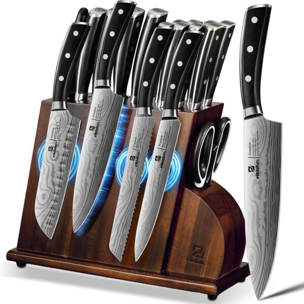 Piklohas 15-PC Magnetic Knife Set with Block & Damascus Blades