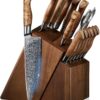 Full 16-piece Damascus knife set from the Senken Dynasty collection in an acacia wood block.