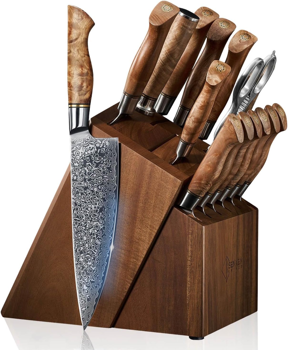 Full 16-piece Damascus knife set from the Senken Dynasty collection in an acacia wood block.