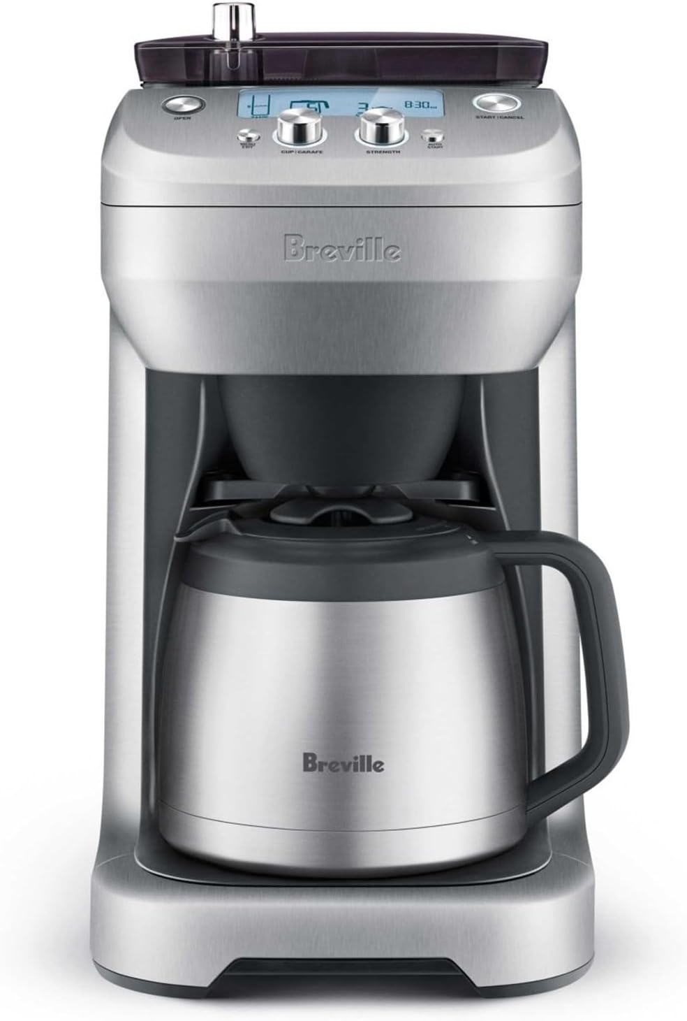 Breville Grind Control coffee maker with grinder in brushed stainless steel finish on a modern kitchen counter.