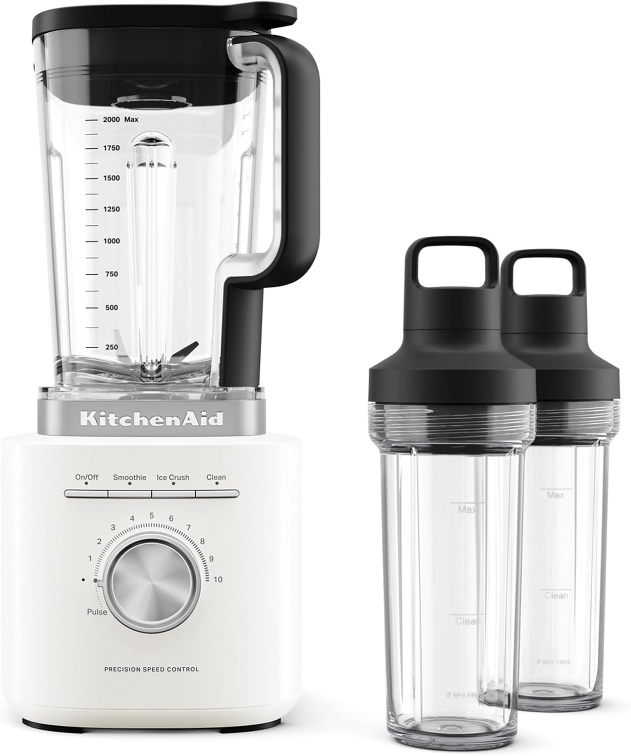 KitchenAid power blender with 68 oz jar and two 16 oz personal cups for versatile blending.