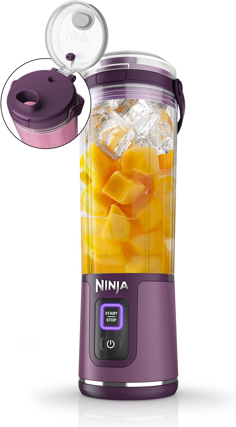 Ninja Blast portable blender for smoothies in Passion Fruit standing on a kitchen counter.