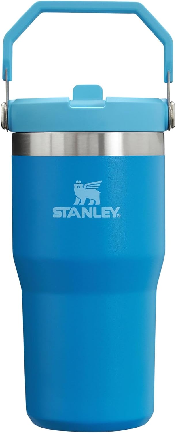 Stanley IceFlow tumbler with straw in Azure blue showing the sleek 20 oz stainless steel design.