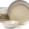 Full 12-piece Oneida Organic Shades stoneware dinnerware set in oatmeal arranged on a dining table