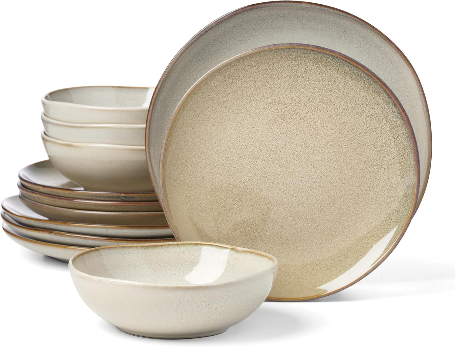 Full 12-piece Oneida Organic Shades stoneware dinnerware set in oatmeal arranged on a dining table