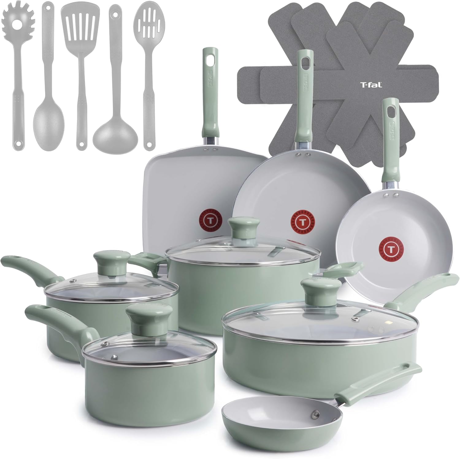 Full T-Fal Refresh 20-piece ceramic nonstick cookware set in mint green displayed on a kitchen counter.