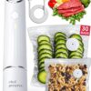 Chef Preserve handheld vacuum sealer unit shown with thirty included reusable BPA-free food storage bags