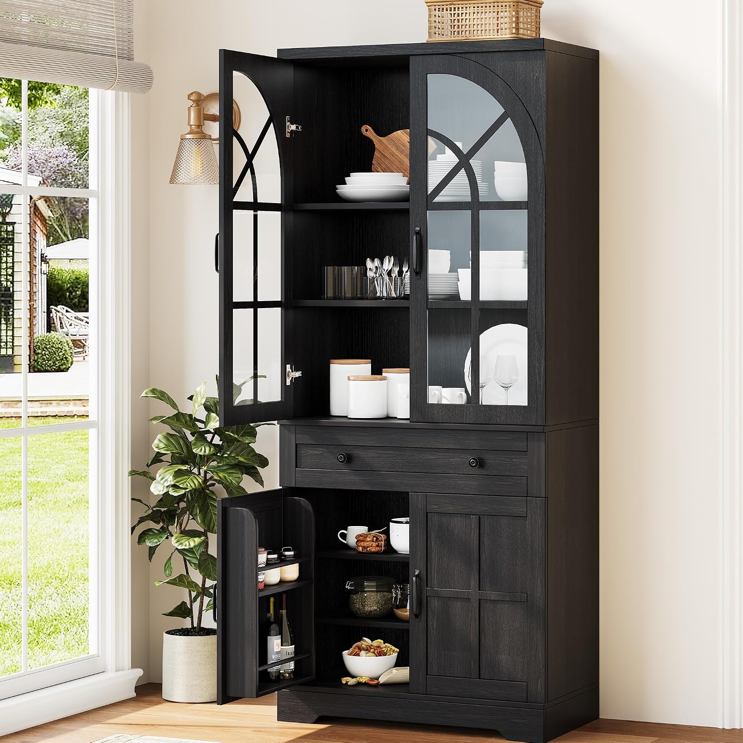 Front view of the Garvee farmhouse pantry cabinet featuring elegant arched tempered glass doors