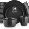 Stone Lain Celina 16 piece black matte stoneware dinnerware set laid out