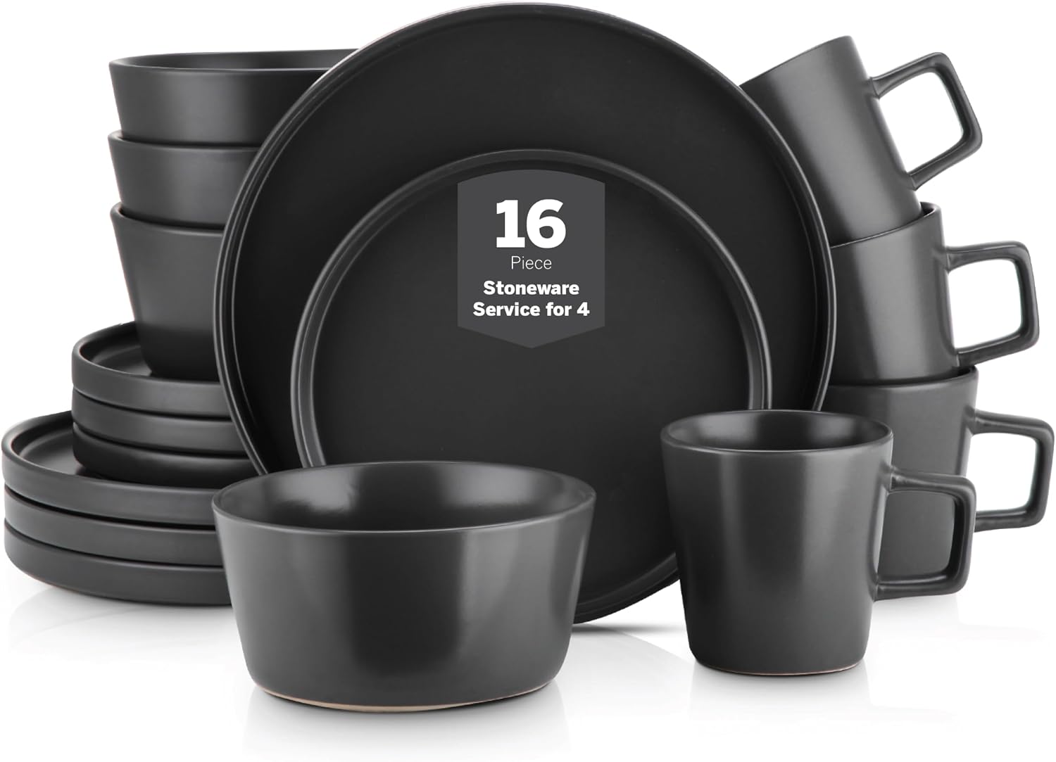 Stone Lain Celina 16 piece black matte stoneware dinnerware set laid out