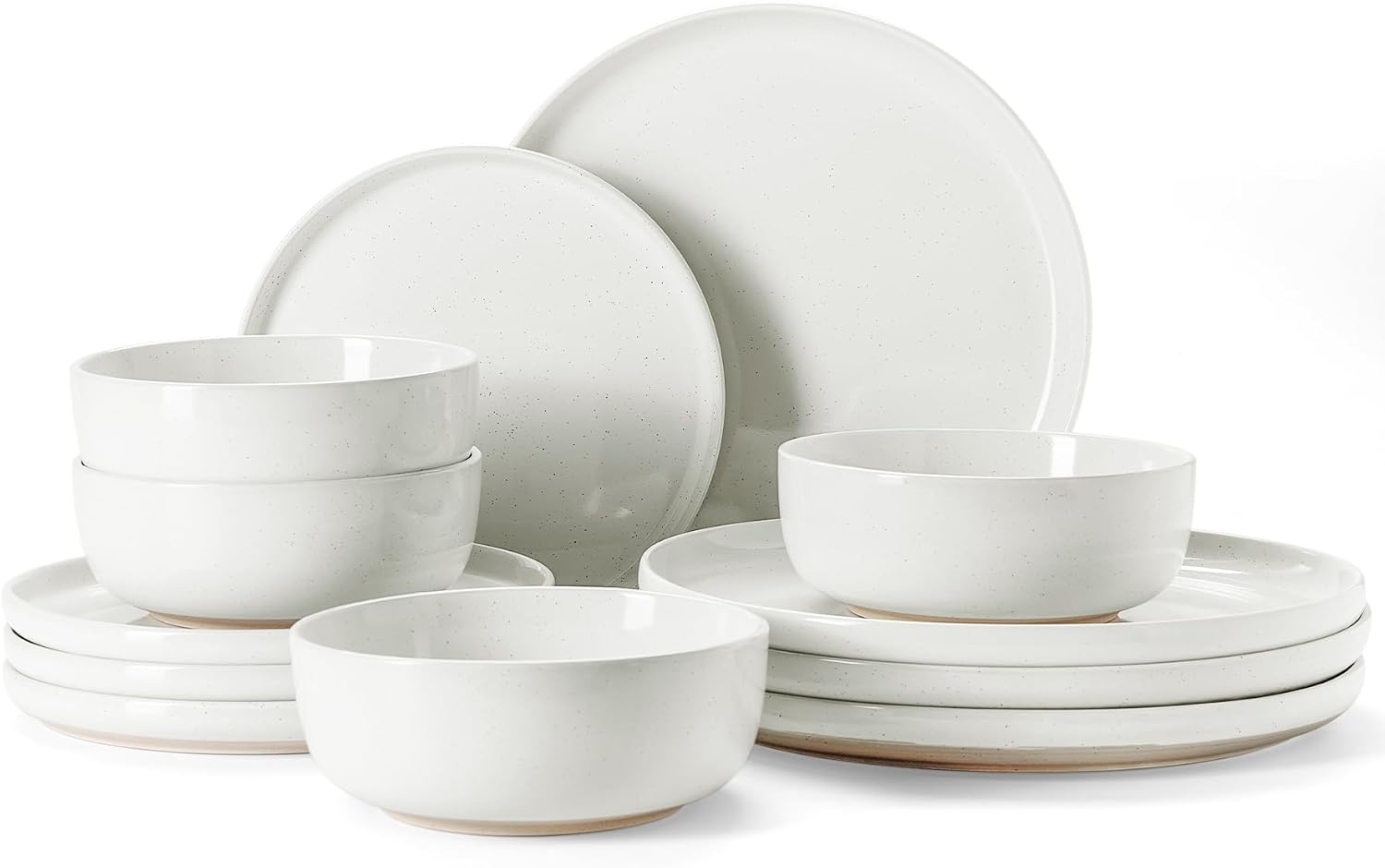 Famiware Milkyway stoneware dinnerware set featuring white speckled plates and bowls