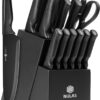 NULAS 15-piece knife set with sharpener and storage block on a kitchen counter