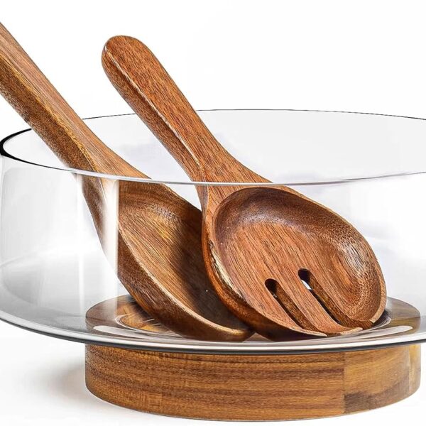 Large Glass Salad Bowl with Wood Base & Utensils Set