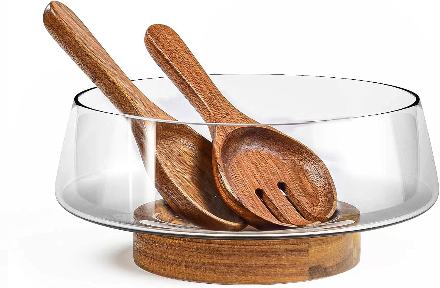 KITEISCAT extra large glass salad bowl with wood base and serving utensils