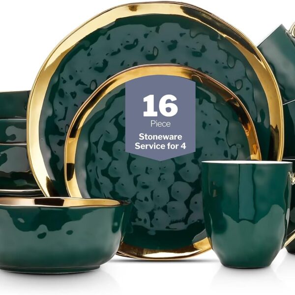 Stone Lain Florian Modern Porcelain 16 Piece Dinnerware Set, Plates and Bowls Set, Dish set for 4, Green and Golden Rim