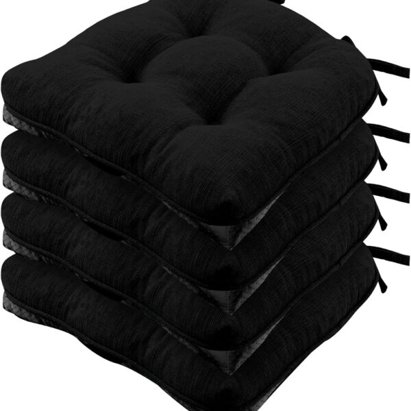 Chair Cushions for Dining Chairs, Non-Slip Kitchen Chair Pads with Ties, Tufted Shredded Foam Kitchen Chair Cushions Set of 4, 15.5" X 15.5", Black