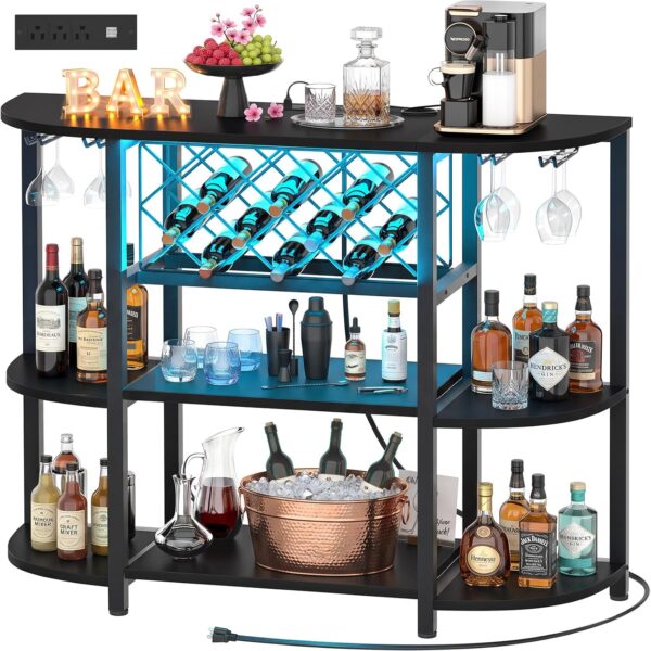 Unikito Metal Coffee Bar Cabinet with LED Lights & Outlets