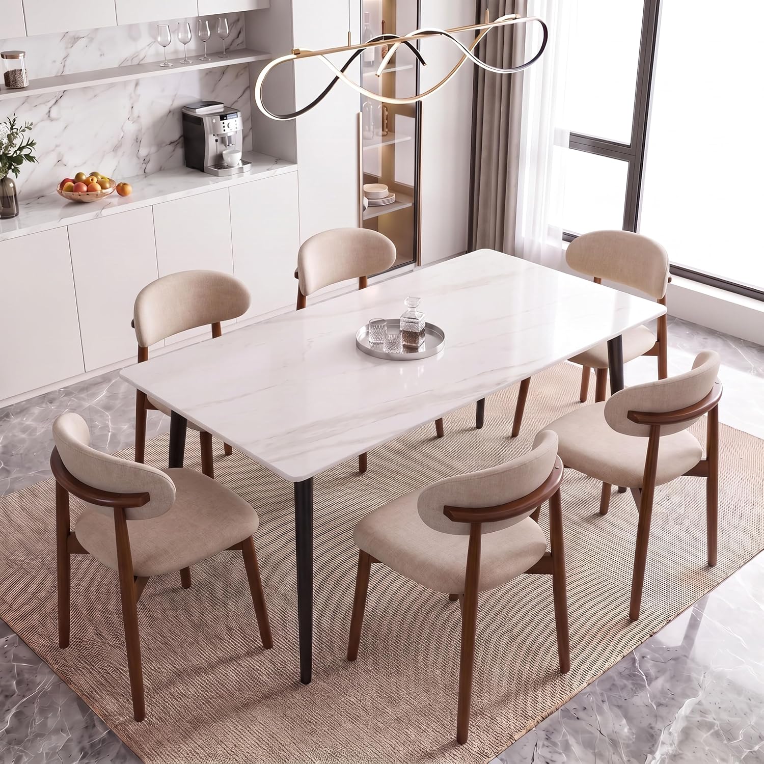 Farmhouse Dining Chairs Set of 6, Mid Century Modern Fabric Upholstered Kitchen Chairs, Wooden Dining Room Chair with Curved Back for Kitchen Dining Room Restaurant Cafe, Light Camel (Only Chairs)