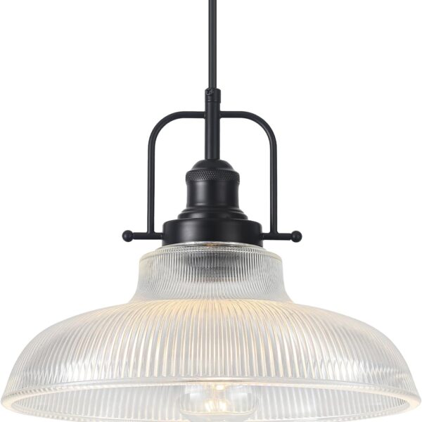 Black Glass Pendant Lights Kitchen Island 1 Pack, 12-inch Ribbed Glass Kitchen Pendant Lights, Farmhouse Pendant Lighting Over Island, Sink, Bar, Vintage Pendant Light for Dining Room