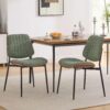 Mid-Century Olive Green Linen Dining Chairs Set of 2