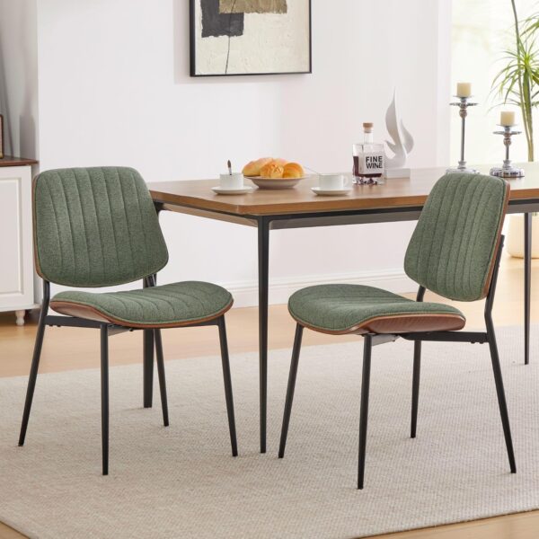 Mid-Century Olive Green Linen Dining Chairs Set of 2