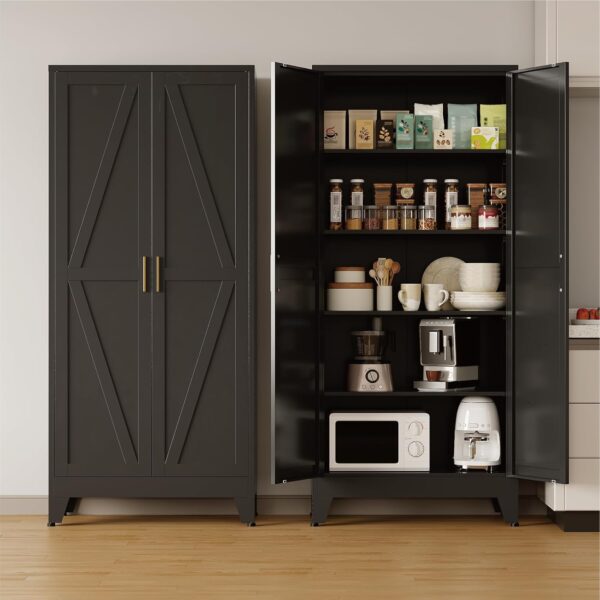 COFaR Metal Pantry Cabinet with Doors, Farmhouse 71'' Tall Storage Cabinet with 4 Adjustable Shelves, Kitchen Pantry Cabinet for Dinning Room, Garage, Laundry, Bathroom, Black 5-Tier