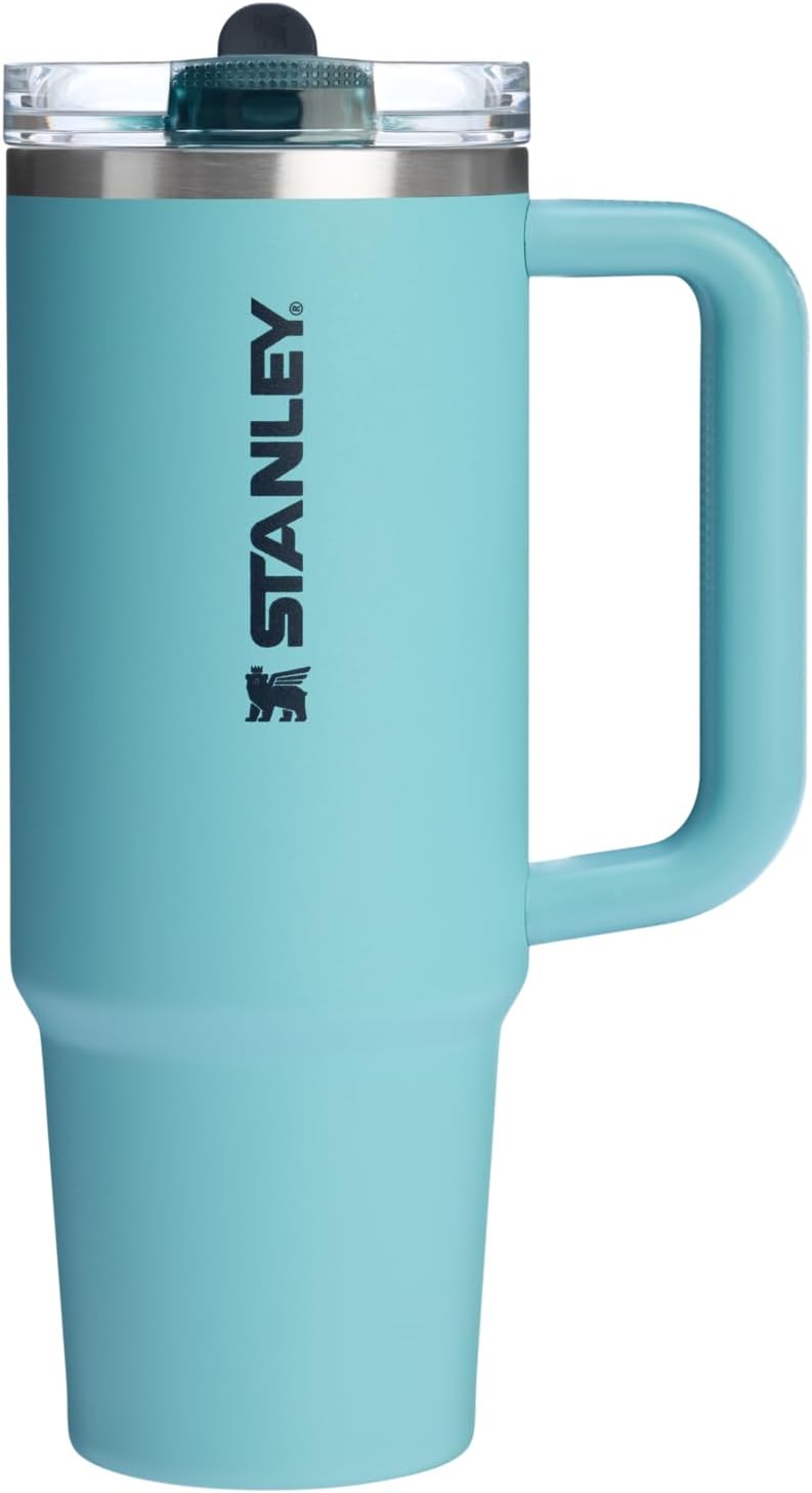 Front view of the 30 oz Stanley Quencher flip straw tumbler in the sleek Agave colorway.