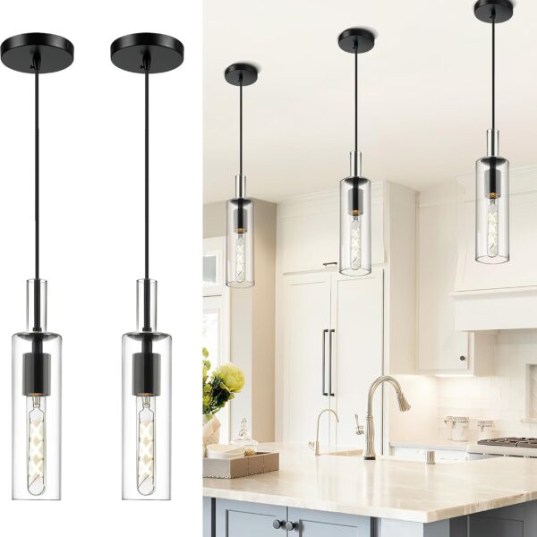 AUTELO 2 Pack Matte Black Pendant Lights Kitchen Island with Clear Glass