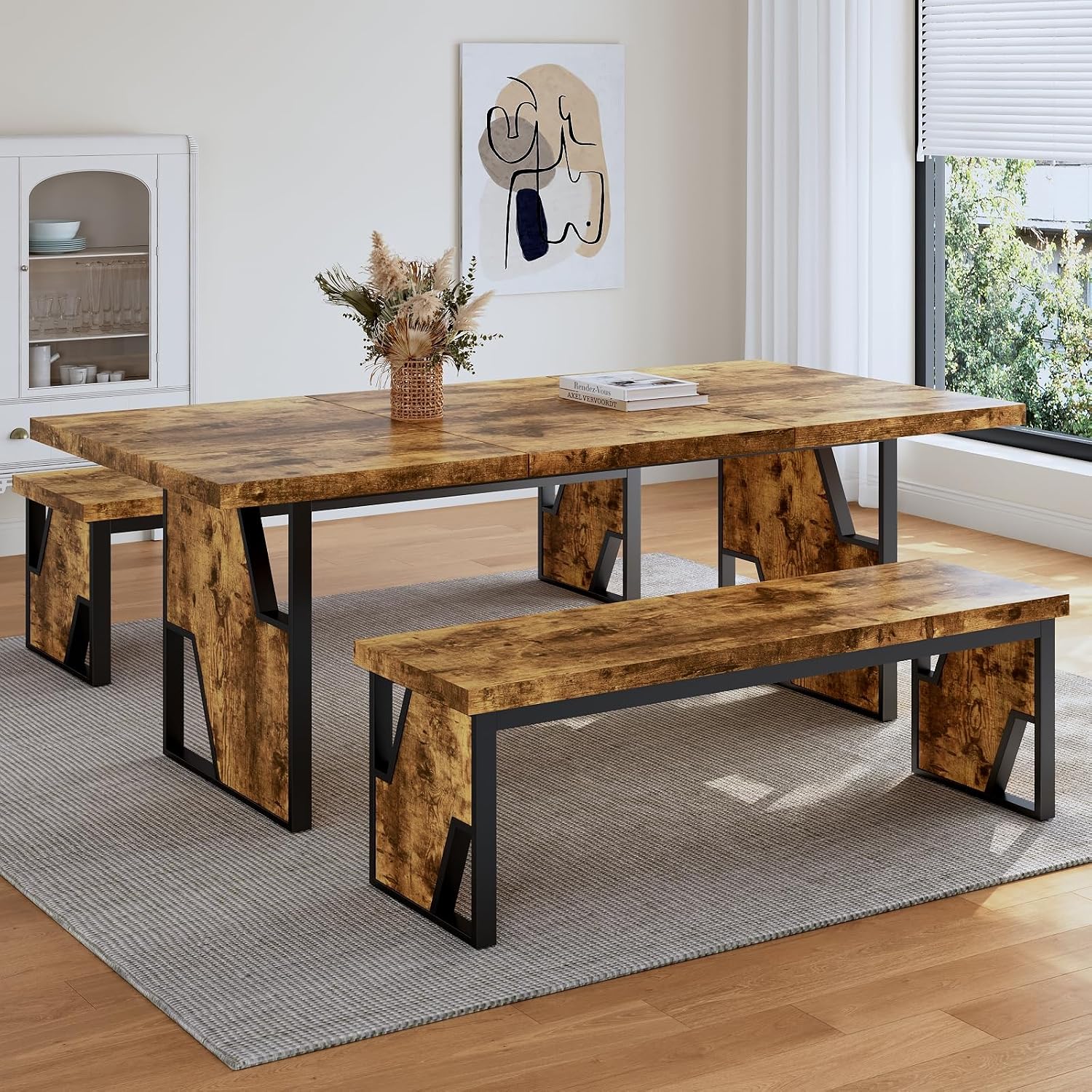 70.8" Wooden Dining Table with 2 Benches Kitchen Table and Chairs