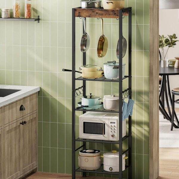 5-Tier Pot Rack, Floorstanding Pots and Pans Organizer, Kitchen Bakers Rack, Kitchen Island Table, Pots and Pans Organizer, Storage Stand, for Living Room, Rustic Brown and Black TPR16BF