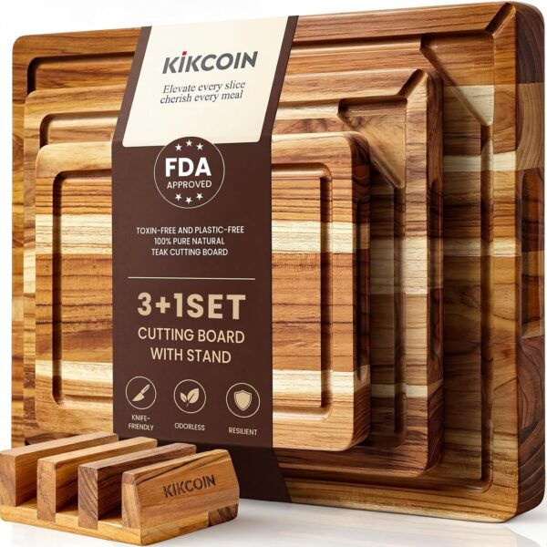 Kikcoin 3-Piece Teak Wood Cutting Board Set with Storage Stand