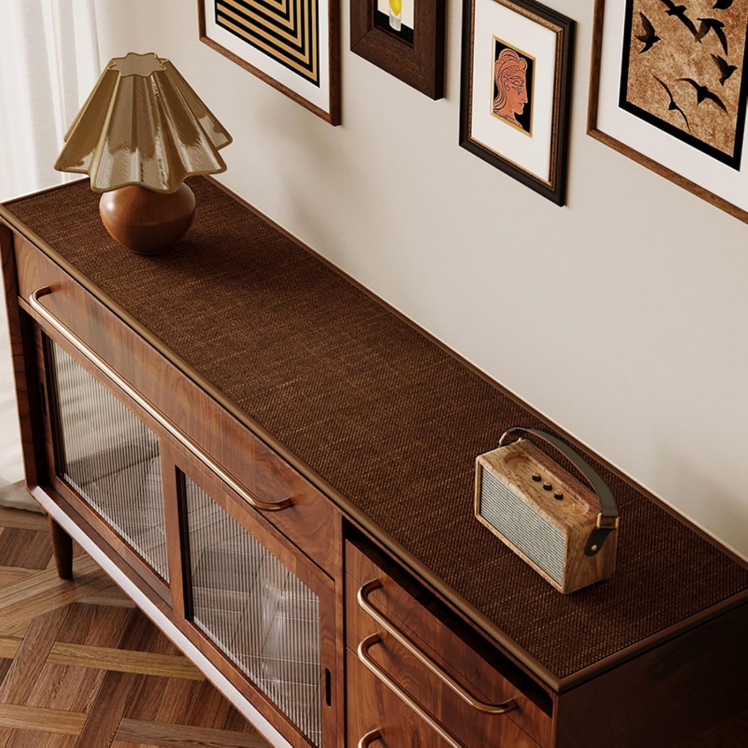 Sideboard Buffet Cabinet Cover, Super Absorbent Mat for Wood Buffet Table, Anti-slip Top Protector for Coffee Bar Cabinet, Table Pad for Kitchen,Dining Room (Coffee, 15.7''X66'')