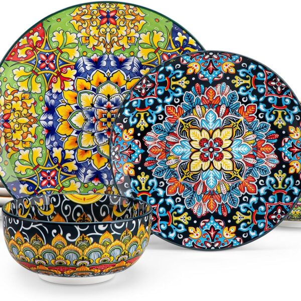 vancasso 12 Pieces Dinnerware Sets, Plates and Bowls Set, Porcelain Dishes Set for 4, Microwave and Dishwasher Safe, Scratch Resistant, Bohemian Style Dining Ware Service for 4, Series SIMI