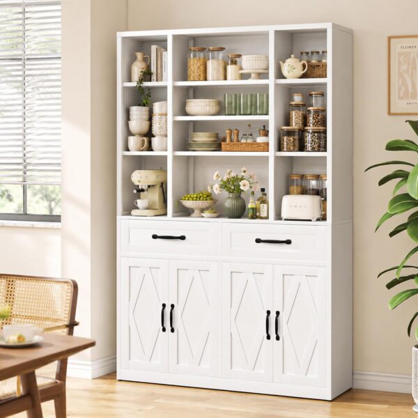 71" Pantry Cabinet with Adjustable Shelf and Drawers, Tall Kitchen Pantry Storage Cabinet with Microwave Stand, Metal Hutch Cabinet with Doors for Dining Room, Living Room, White