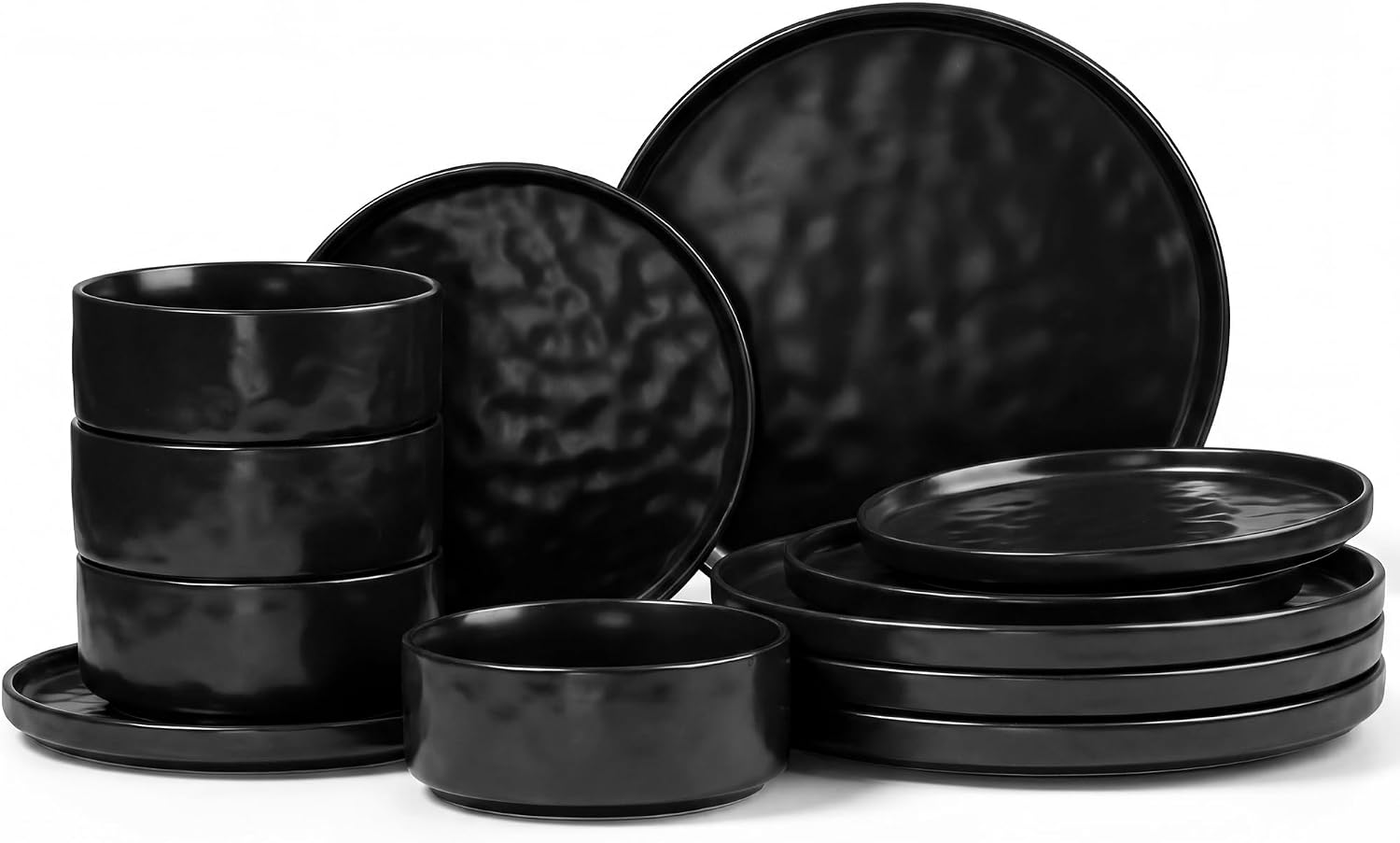 Full 12-piece E-far matte black stoneware dinnerware set arranged neatly for four, including plates and bowls.