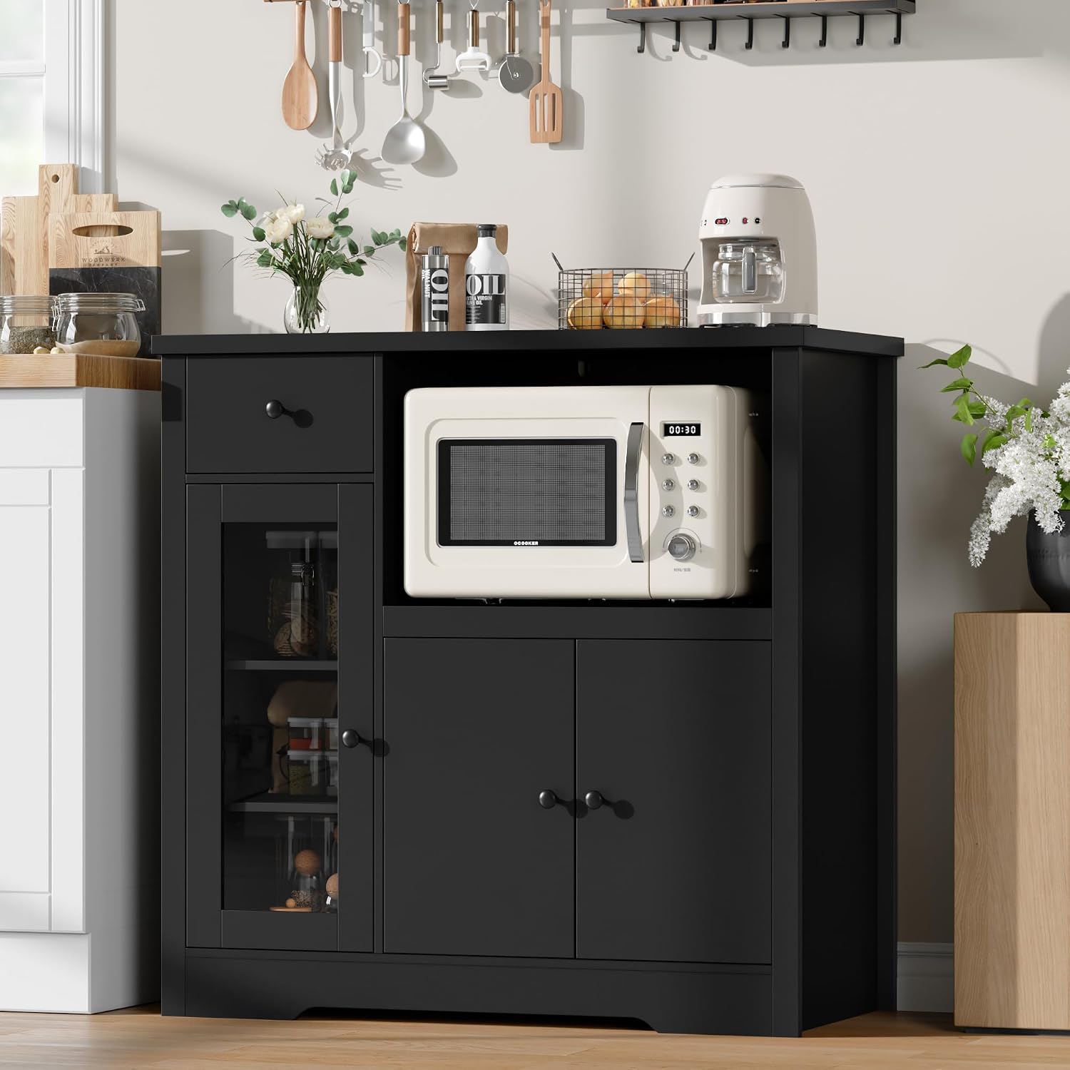 Garvee Kitchen Microwave Cabinet with Drawers and Storage, Modern Small Buffet Cabinet with Adjustable Shelf, Wooden Sideboard with Wide Top for Dining Room, Living Room, White