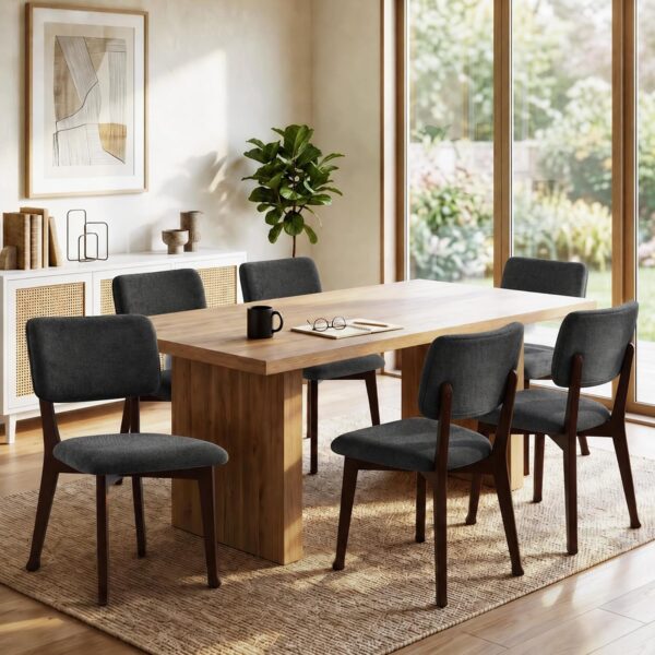 Mid Century Modern Dining Chairs Set of 6, Upholstered Dining Chair with Curved Back, Armless Fabric Kitchen Chair with Solid Wood Legs for Living Room, Kitchen, Dark Grey