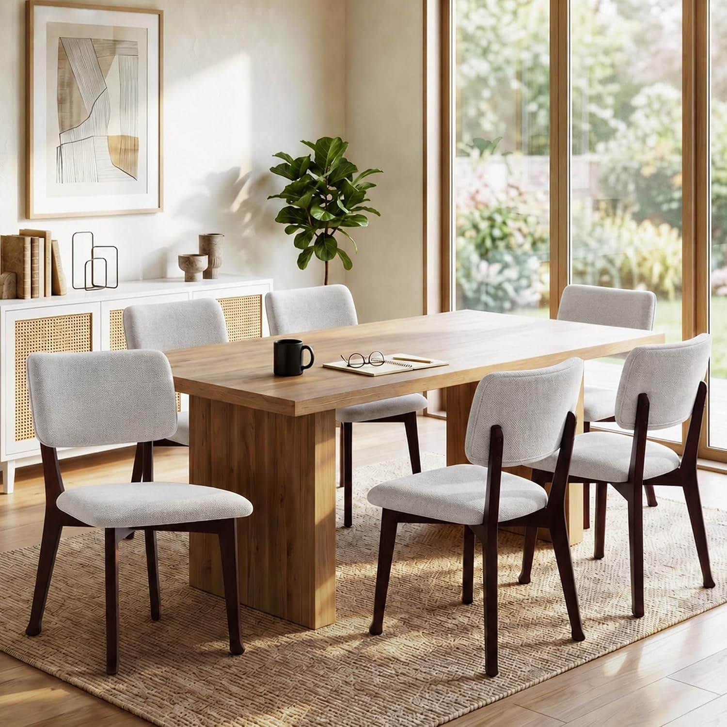 Mid Century Modern Dining Chairs Set of 6, Upholstered Dining Chair with Curved Back, Armless Fabric Kitchen Chair with Solid Wood Legs for Living Room, Kitchen, Light Grey
