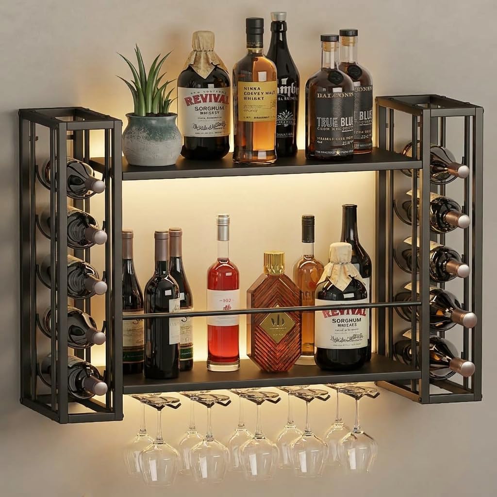 31.5" Wine Rack Wall Mounted with LED Lights, Black