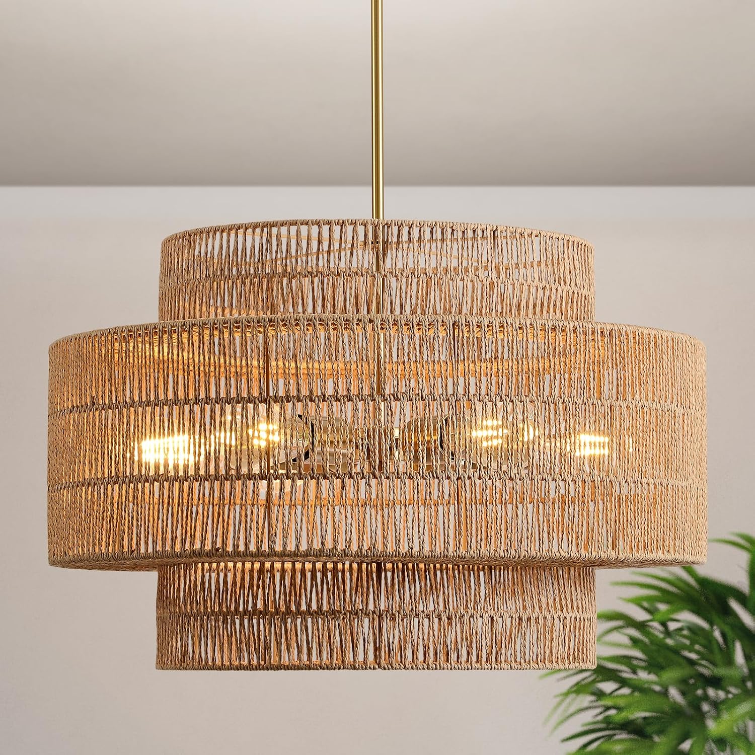 24" Rattan Chandelier for Dining Room, Large Boho Pendant Light