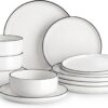 Full 12 piece porcelain dinnerware set from the MALACASA Luna series featuring white plates with black rims.