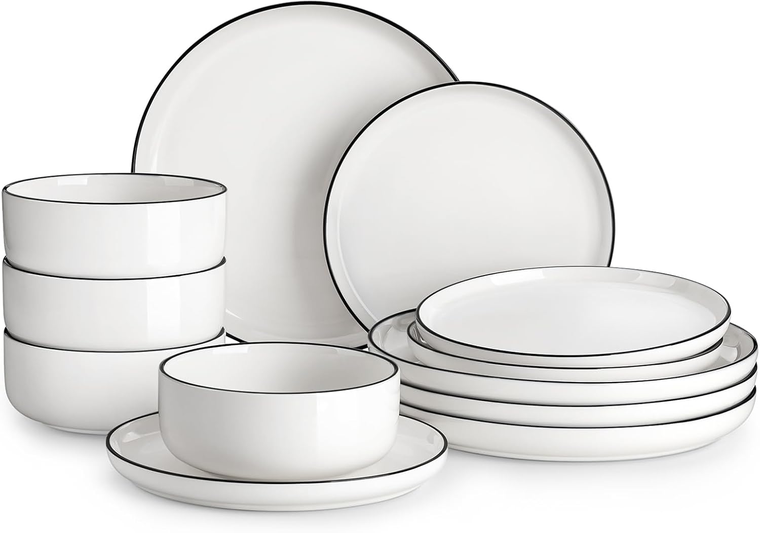 Full 12 piece porcelain dinnerware set from the MALACASA Luna series featuring white plates with black rims.